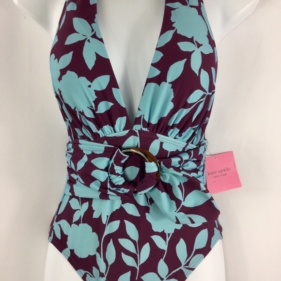 Kate Spade New York Geranium Grove Belted Plunge Halter One-Piece Size XS NWT - Picture 6 of 10